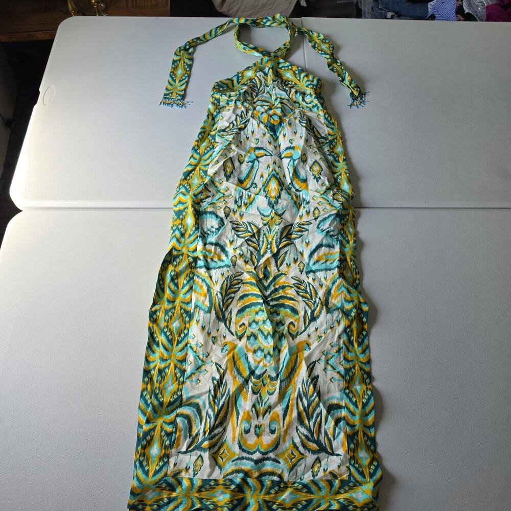 Farm Rio Tropical Tapestry Dress Small Multicolor Linen Halter Maxi Beaded